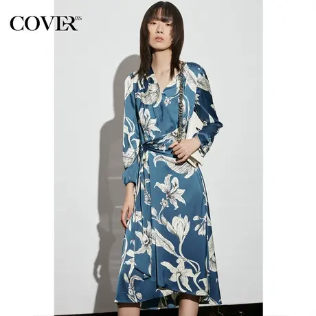 【奥莱专享】COVER2023缎面气质V领规则优雅印花连衣裙图片