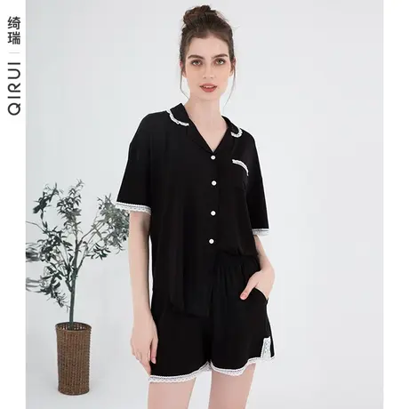 绮瑞睡衣女夏天莫代尔短袖短裤女款夏季开衫薄款家居服套装时尚感图片