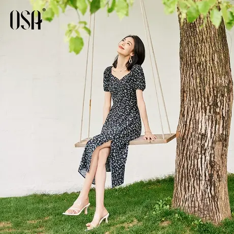 OSA欧莎法式复古泡泡袖碎花连衣裙女夏季薄款度假风显瘦锁骨裙子图片