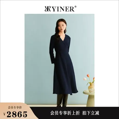 YINER音儿女装秋季温柔风V领收腰显瘦肌理针织连衣裙图片