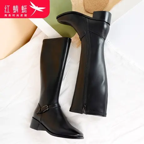 红蜻蜓2023冬季新款真皮时尚潮流百搭长筒女靴加绒舒适保暖女棉靴商品大图