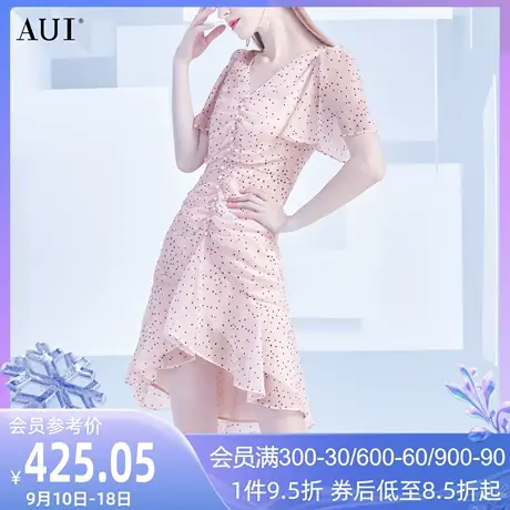 AUI粉色波点荷叶边鱼尾裙子女2022夏季新款法式不规则雪纺连衣裙图片