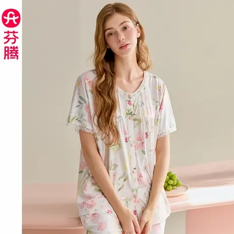 芬腾女士睡衣夏季新款短袖开衫套装休闲加大码薄款透气女款家居服图片