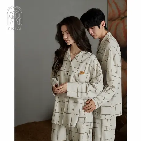 妮狄娅妮狄娅情侣睡衣女柔软棉长袖翻领男开衫春秋季家居服套装图片