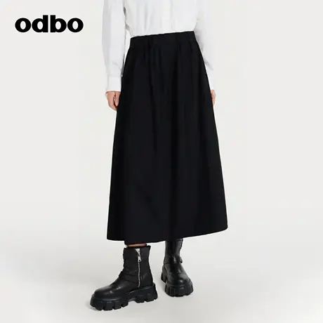 odbo/欧迪比欧半身裙女2025秋季A字裙黑色高腰中长裙简约垂感裙子图片