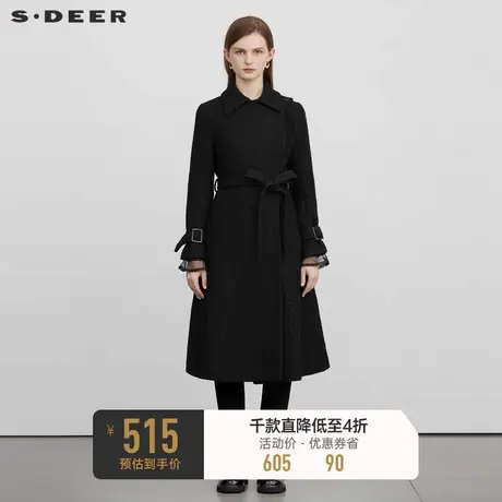 sdeer圣迪奥2022年冬装新款女装翻领收腰拼接毛呢大衣S224Z2542图片