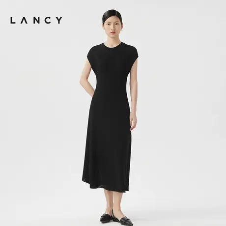 LANCY/朗姿2024夏季新款小飞袖针织黑色连衣裙气质收腰无袖裙子女图片