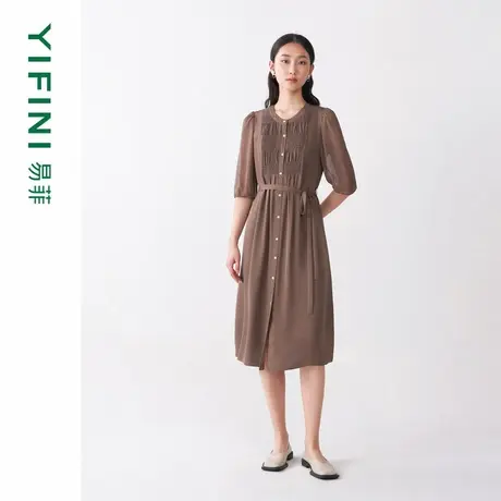 [专柜同款]Yifini/易菲100%真丝法式圆领中袖衬衫式连衣裙女夏新图片