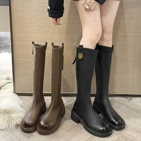 长筒靴女2023年秋冬季新款英伦风显瘦不过膝靴潮流粗跟防滑骑士靴图片