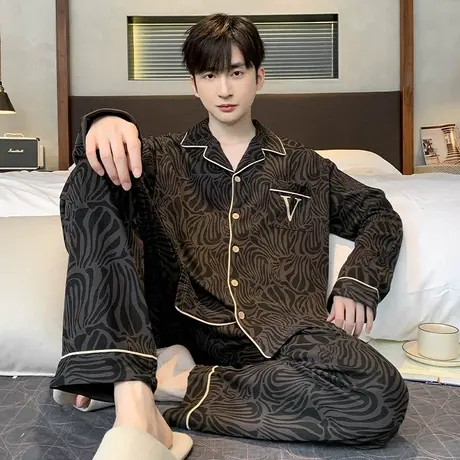 婷美男士睡衣春秋季纯棉长袖开衫翻领休闲全棉秋冬天家居服两件套图片