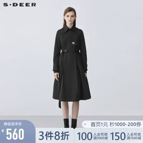 sdeer圣迪奥翻领胸针收腰抽褶长款风衣外套女S21361804图片