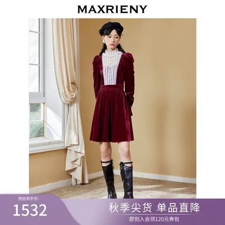 MAXRIENY复古宫廷风荷叶领连衣裙秋针织丝绒裙气质蕾丝公主裙图片