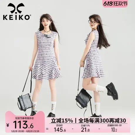 KEIKO 少女感粉色格子无袖连衣裙25夏季学院小个子荷叶边短裙子图片