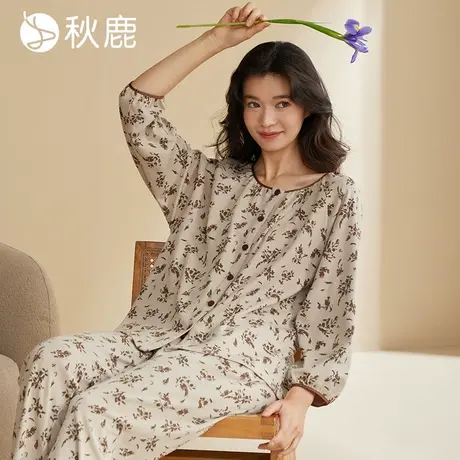 秋鹿裸感透气柔软抑菌纯棉睡衣女春夏大码显瘦法式碎花长袖家居服图片