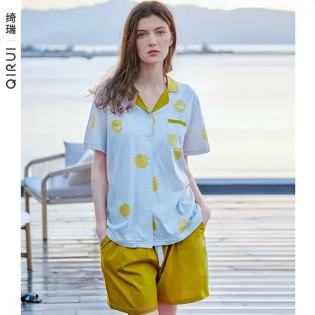 绮瑞睡衣女夏纯棉短袖短裤薄款套装女士夏季凉感时尚家居服可外穿图片