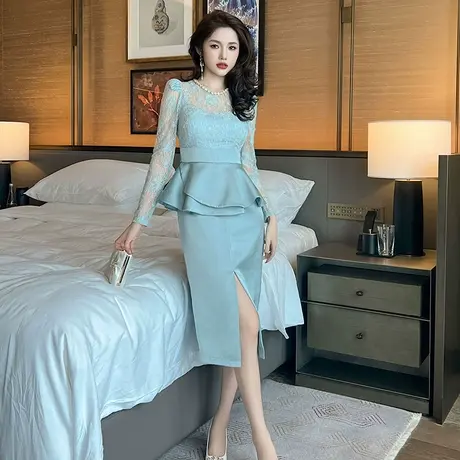 蕾丝微透女神范开叉包臀连衣裙女高端精致圆领显瘦收腰荷叶边裙子图片