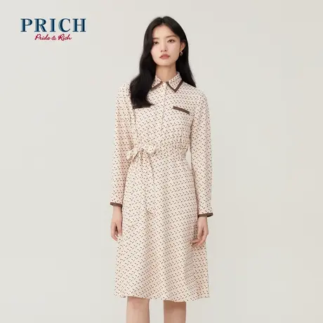 PRICH连衣裙新品秋冬新款几何领边撞色伞摆卸腰带抗皱裙子图片