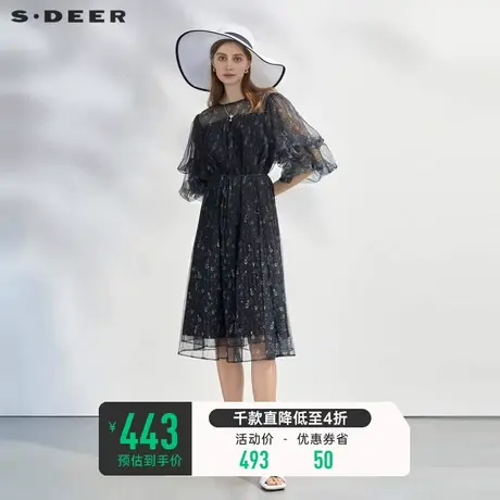 sdeer圣迪奥女装圆领收腰印花网纱泡泡袖连衣裙S232Z12F1图片