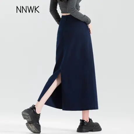 藏蓝色牛仔半身裙女2025新款春秋高腰a字包臀裙后开叉中长款裙子图片