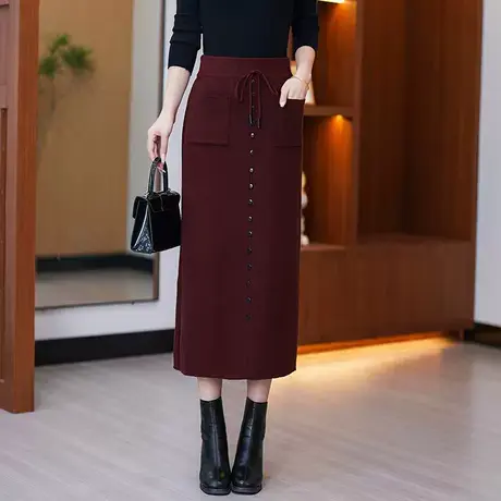 双兜针织包臀裙女秋冬2025新款高腰显瘦排扣毛线半身裙中长一步裙图片