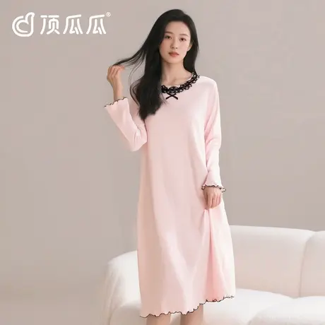 顶瓜瓜睡裙女款秋季纯棉长袖加大码胖mm荷叶边睡衣家居服连衣裙子图片