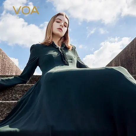 VOA40姆米重磅真丝剪型立领木耳花边装饰斜插口袋加厚长袖连衣裙图片
