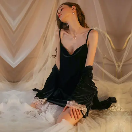 性感睡衣春秋冬女款2024年新款金丝绒大码吊带睡裙睡袍套装家居服图片