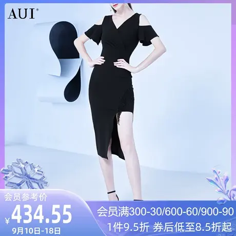 AUI设计感黑色流苏连衣裙女夏2023年新款轻熟风性感露肩不规则裙图片