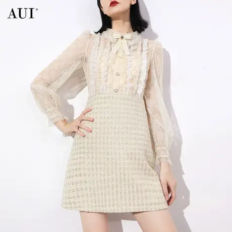 AUI杏色名媛气质小香风连衣裙女2023秋冬新款网纱泡泡袖修身裙子图片