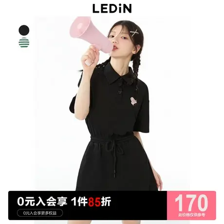 乐町休闲抽绳连衣裙23夏季新款休闲黑色条纹T恤裙休闲短袖连衣裙图片