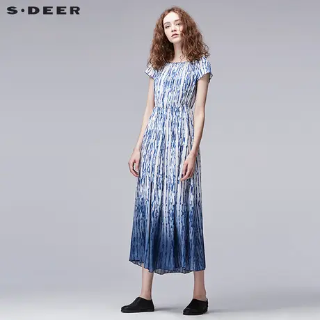 【商场同款】sdeer圣迪奥渐变纹理晕染束腰公主袖连衣裙S17281232图片
