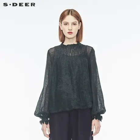 sdeer圣迪奥2018女装春装套头圆领荷叶绣花短款长袖衬衫S18180523图片