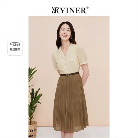 YINER音儿专选女装夏季法式优雅海鸥领拼接百褶连衣裙图片