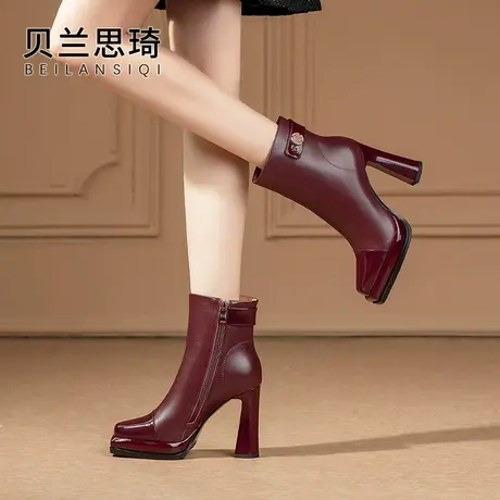 真皮方头厚底超高跟短靴女骑士2023秋冬季新款防水台高跟马丁靴子商品大图
