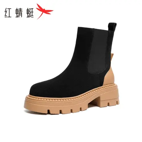 红蜻蜓复古撞色切尔西靴秋冬厚底增高女鞋休闲气质烟筒靴图片