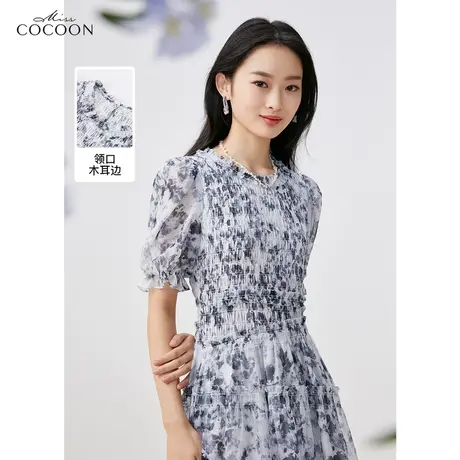 missCOCOON水墨印花连衣裙女装2023夏季新款泡泡袖中长款A字裙子图片