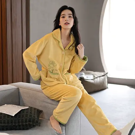 婷美珊瑚绒睡衣女秋冬款长袖开衫加厚加绒法兰绒家居服保暖两件套图片