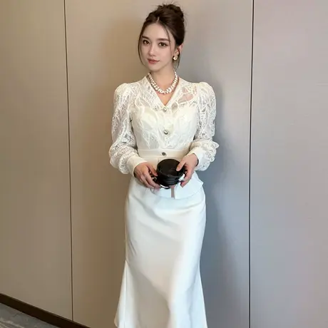欧洲站绝美假两件蕾丝长袖连衣裙优雅显瘦名媛风包臀鱼尾裙子春季图片
