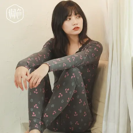 调色全棉秋衣秋裤女纯棉棉毛衫套装修身美体少女学生女士薄款商品大图