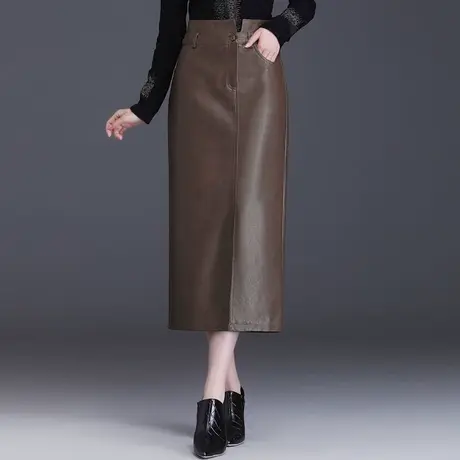 气质开叉直筒长皮裙女春秋2023新款修身高腰包臀半身裙中长一步裙图片