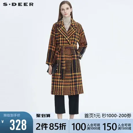 sdeer圣迪奥女装西装领复古格纹收腰中长款毛呢大衣S20461821图片