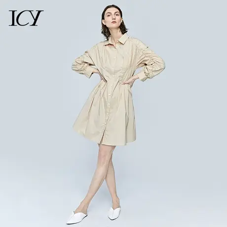 icy女装设计春季通勤风文艺西装领复古宫廷感连衣裙长袖抽褶中裙图片