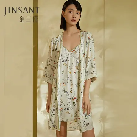 金三塔100%桑蚕丝真丝女士时尚印花睡袍家居服23年新品图片