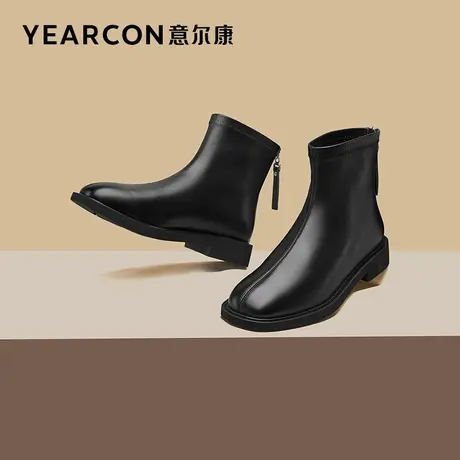 意尔康女靴2023新款秋季真皮短靴女粗跟中跟法式瘦瘦靴短筒单靴子图片