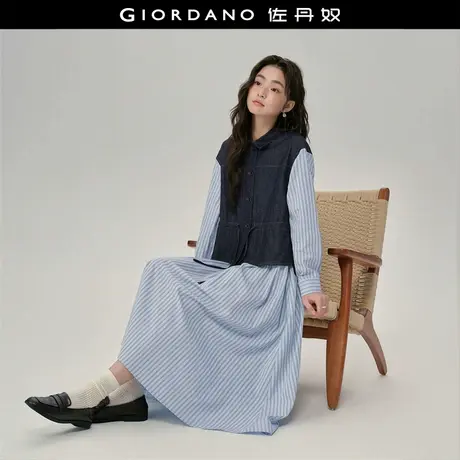 设计师款佐丹奴抽绳收腰纯棉牛仔拼接条纹假两件连衣裙女18465222图片