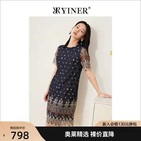 YINER音儿女装2022夏季新款网纱拼接刺绣花纹连衣裙图片
