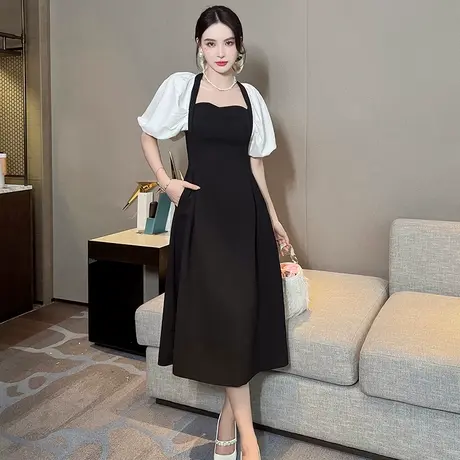 复古拼接泡泡袖过膝中长款收腰A字裙女夏季气质高级感显瘦连衣裙图片