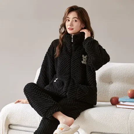 珊瑚绒睡衣女冬家居服2023新款冬季加绒加厚秋冬款法兰绒女士黑色商品大图