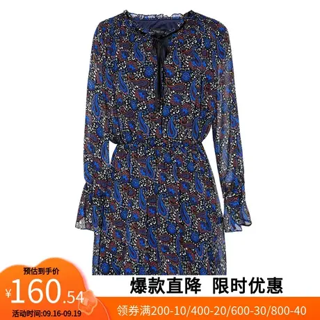 【艾格】2023春季新款女装连衣裙女印花收腰系带圆领雪纺短裙子图片