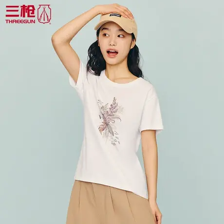 三枪纯棉T恤短袖女夏时尚印花水柔棉圆领短袖女衫全棉打底衫23488商品大图